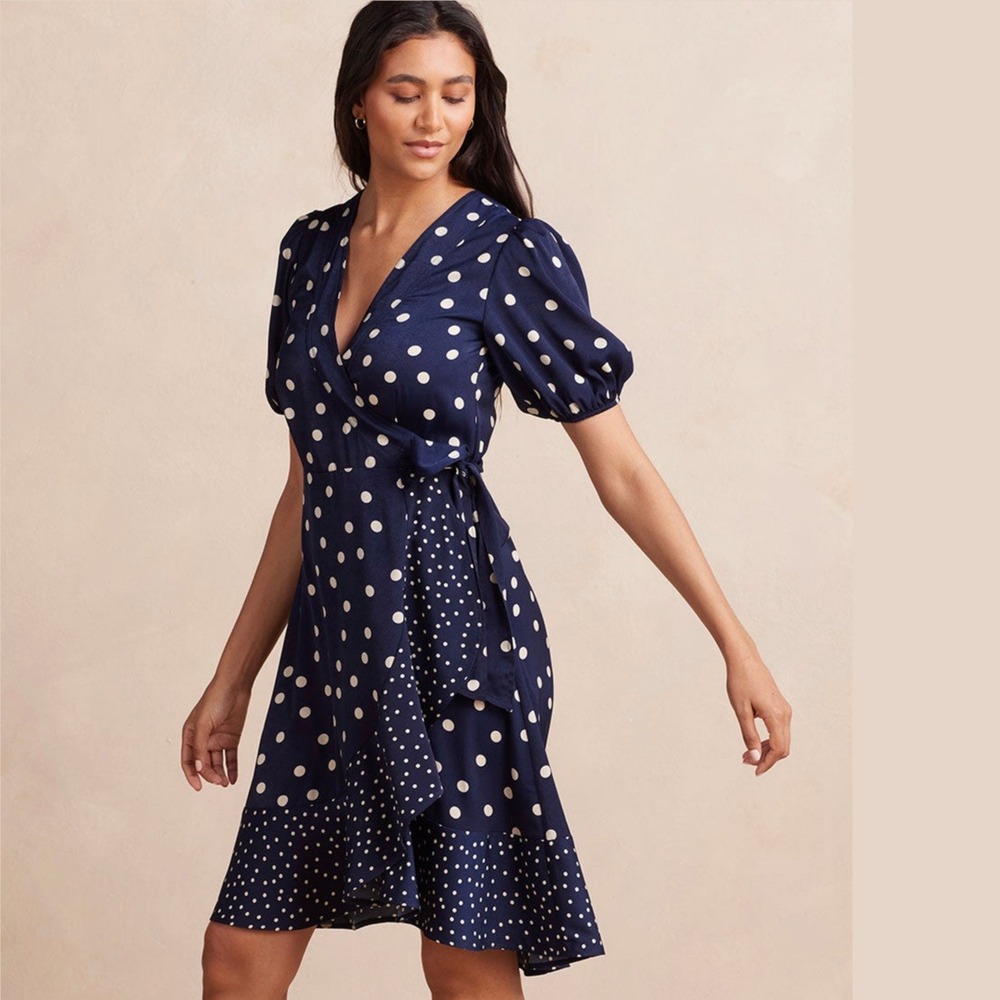 Summersalt The Wrap Navy Blue & Cream Polka Dot Short Sleeve Midi Dress Size‎ 8